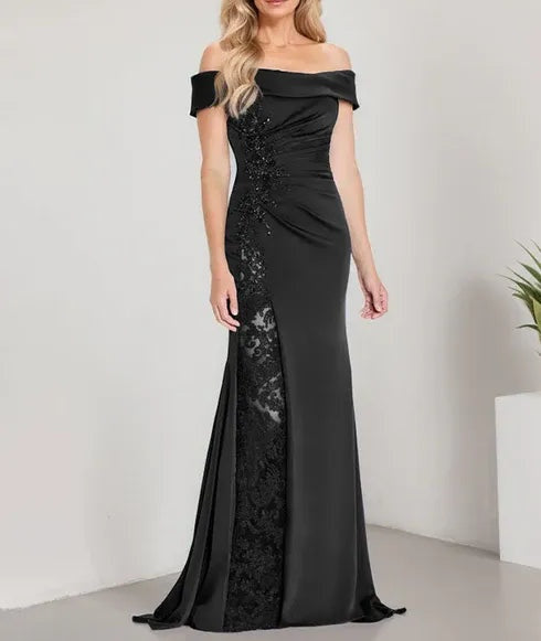 A-Line Off the Shoulder Floor-Length Mother of the Bride Dress Applique Beadings Mermaid Dress With  High Split