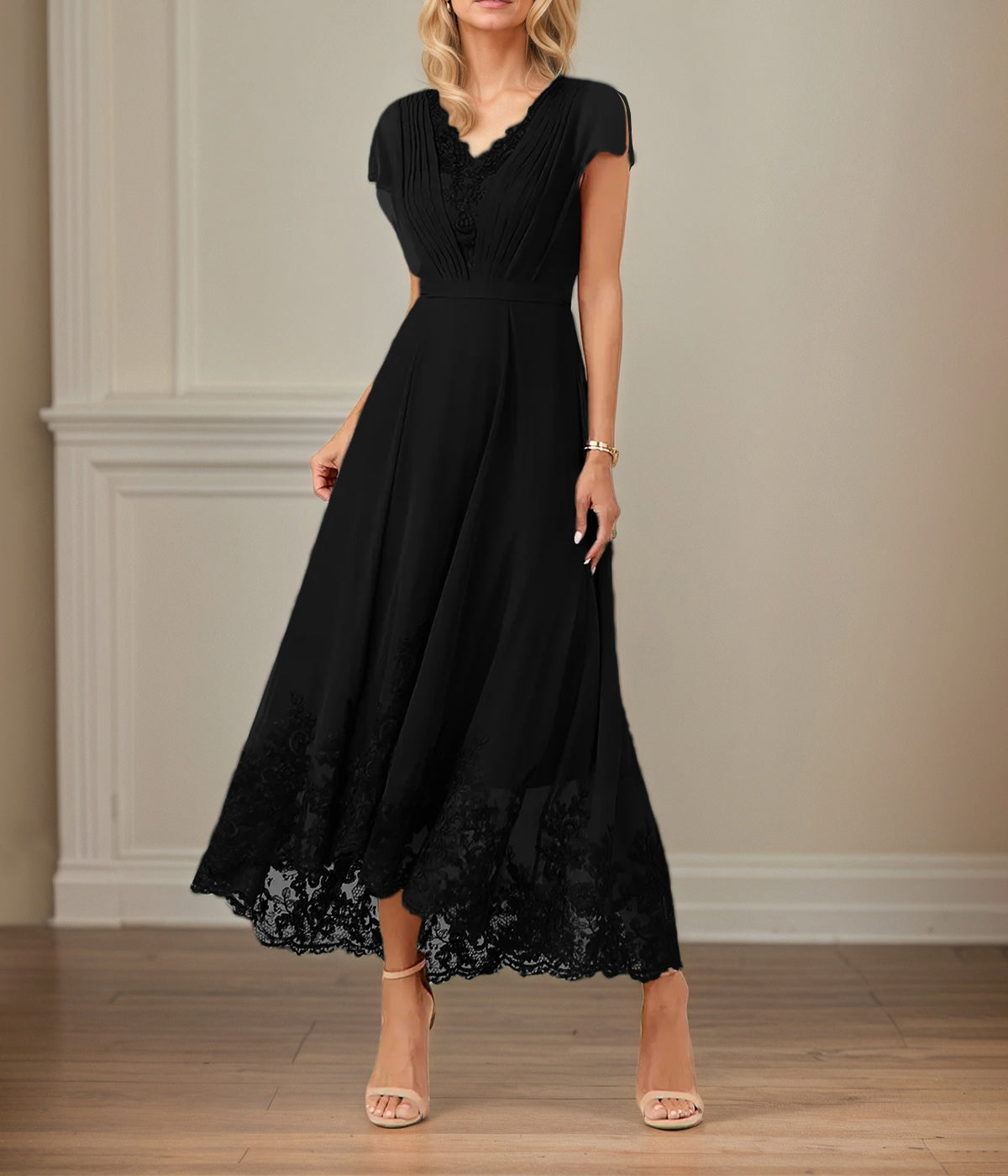 A Line V Neck Flutter Sleeve Ankle Length Chiffon Dress With Appliques