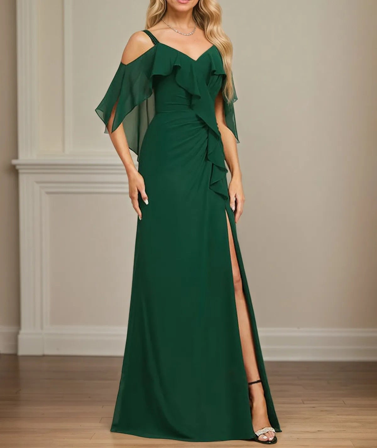 Sheath/Column Cold Shoulder V-Neck Floor-Length Chiffon Dress With Cascading Ruffles Sequins Beading