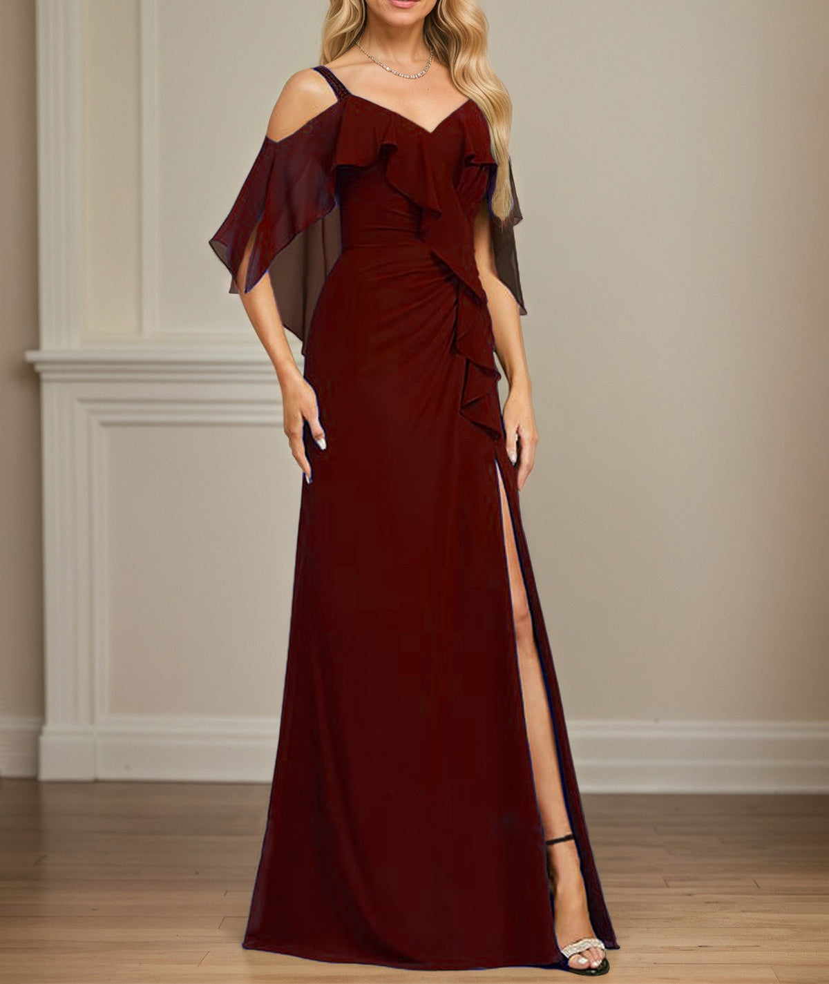 Sheath/Column Cold Shoulder V-Neck Floor-Length Chiffon Dress With Cas Sheath/Column Cold Shoulder V-Neck Floor-Length Chiffon Dress With Cas