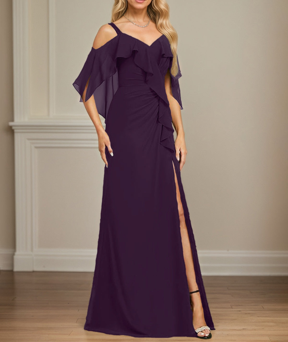 Sheath/Column Cold Shoulder V-Neck Floor-Length Chiffon Dress With Cas