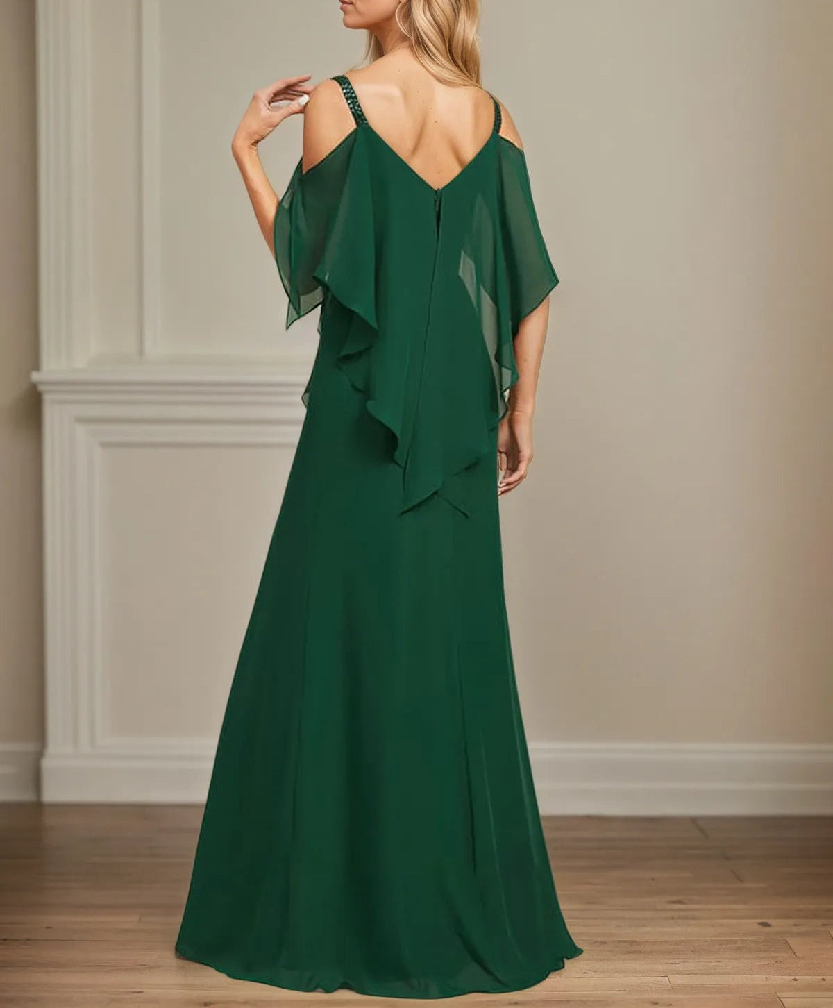 Sheath/Column Cold Shoulder V-Neck Floor-Length Chiffon Dress With Cascading Ruffles Sequins Beading