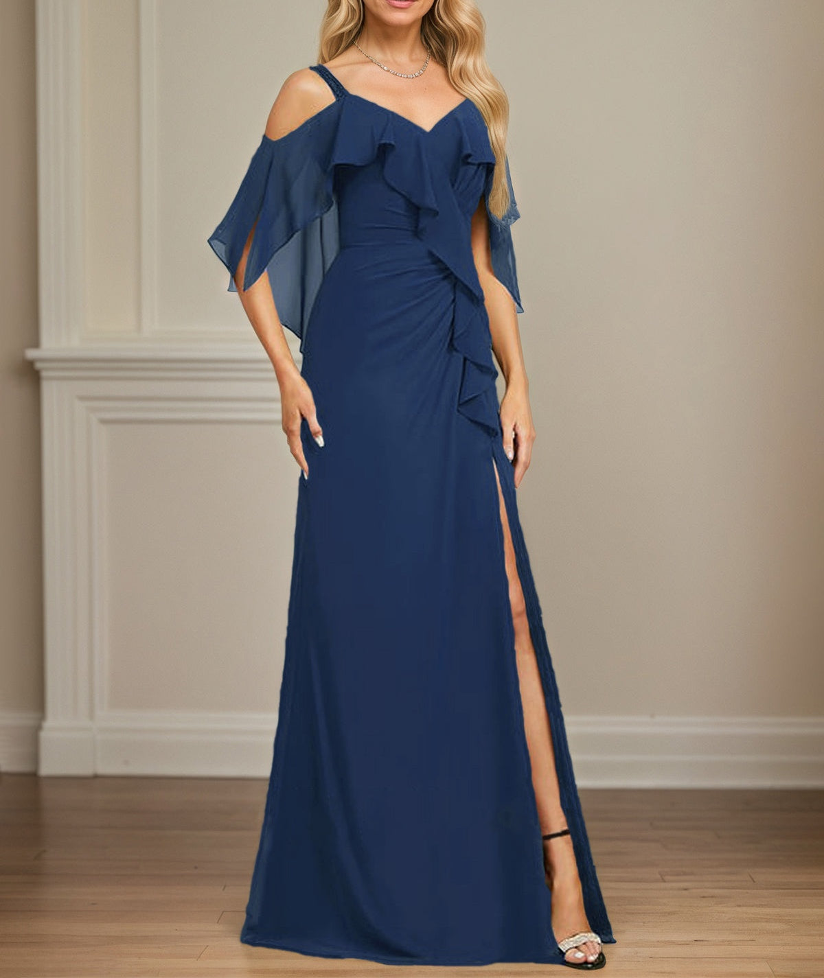 Sheath/Column Cold Shoulder V-Neck Floor-Length Chiffon Dress With Cas Sheath/Column Cold Shoulder V-Neck Floor-Length Chiffon Dress With Cas