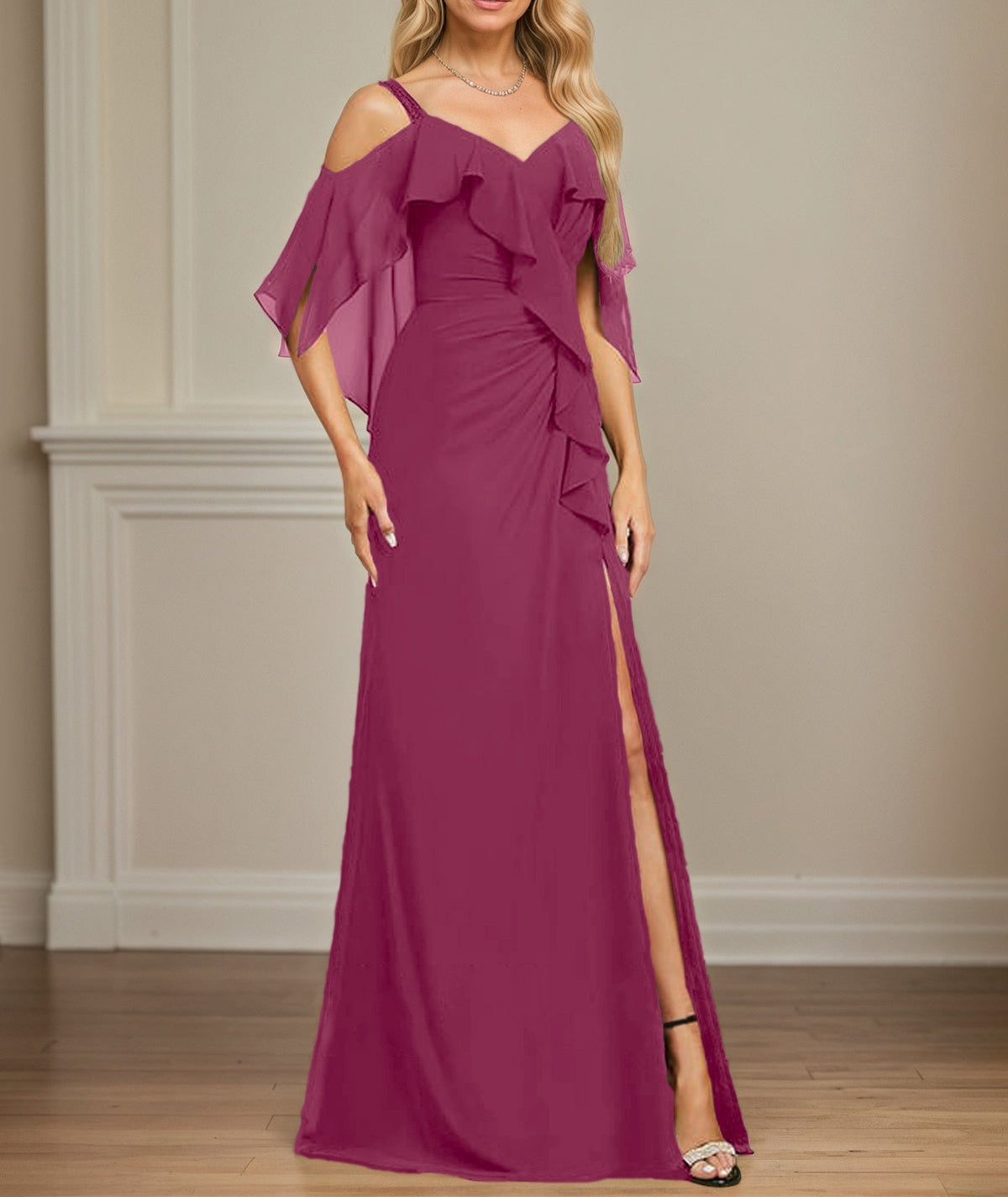 Sheath/Column Cold Shoulder V-Neck Floor-Length Chiffon Dress With Cas Sheath/Column Cold Shoulder V-Neck Floor-Length Chiffon Dress With Cas