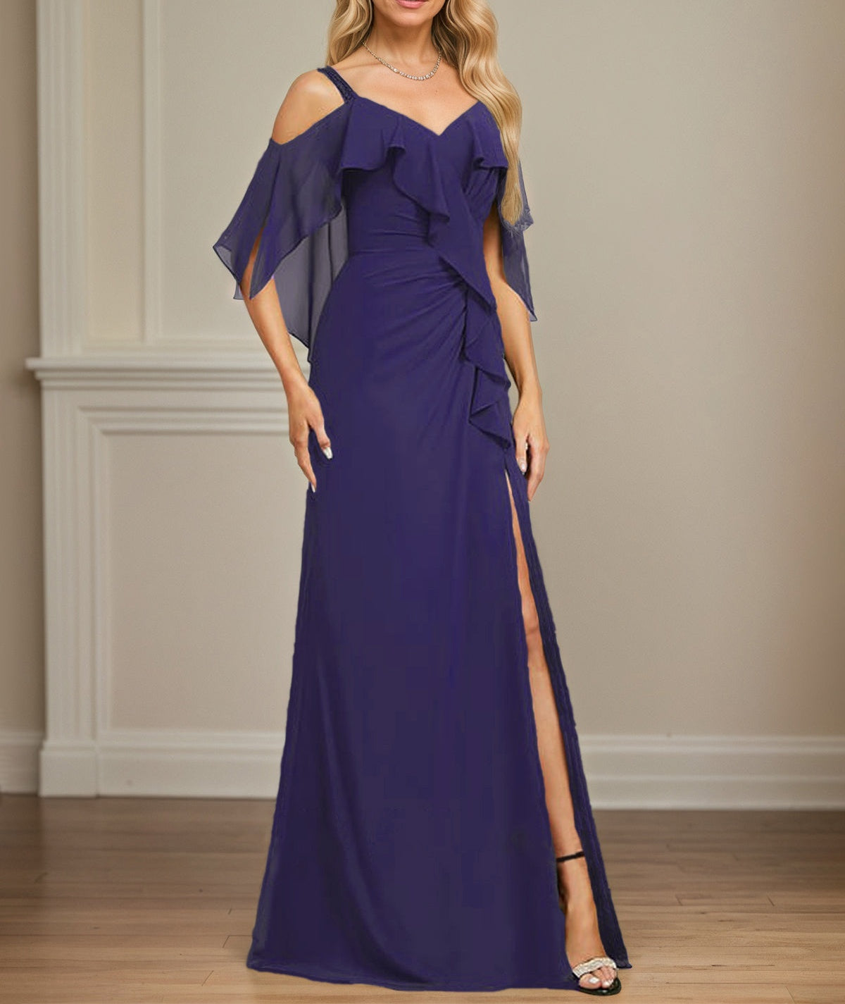 Sheath/Column Cold Shoulder V-Neck Floor-Length Chiffon Dress With Cascading Ruffles Sequins Beading