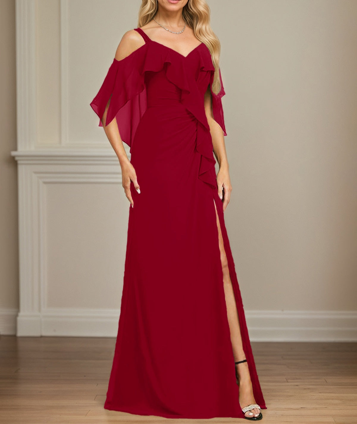 Sheath/Column Cold Shoulder V-Neck Floor-Length Chiffon Dress With Cas Sheath/Column Cold Shoulder V-Neck Floor-Length Chiffon Dress With Cas