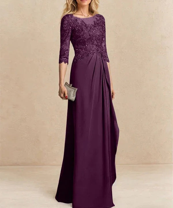 A-line Scoop Illusion Floor-Length Chiffon Lace Mother of the Bride Dress With Beading Sequins Cascading Ruffles