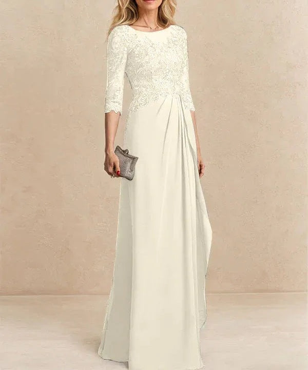 A-line Scoop Illusion Floor-Length Chiffon Lace Mother of the Bride Dress With Beading Sequins Cascading Ruffles