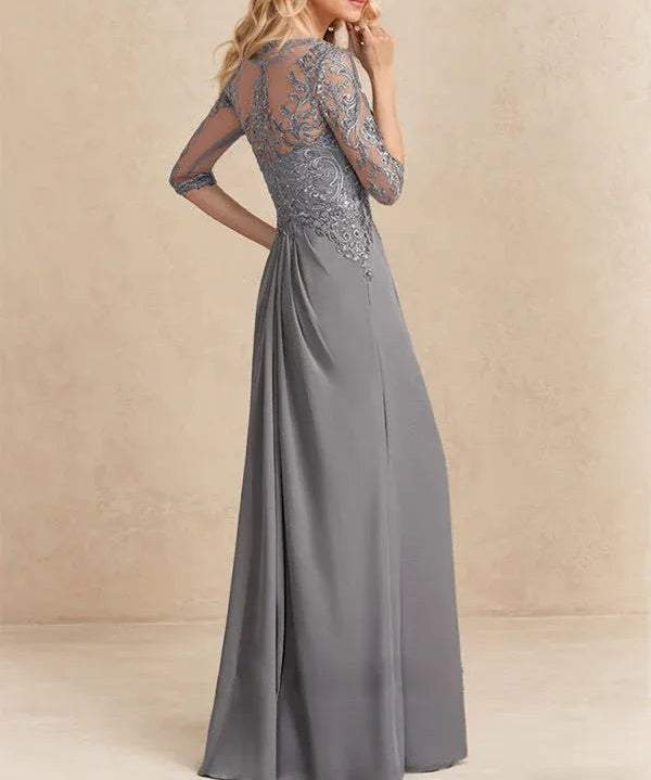 A-line Scoop Illusion Floor-Length Chiffon Lace Mother of the Bride Dress With Beading Sequins Cascading Ruffles
