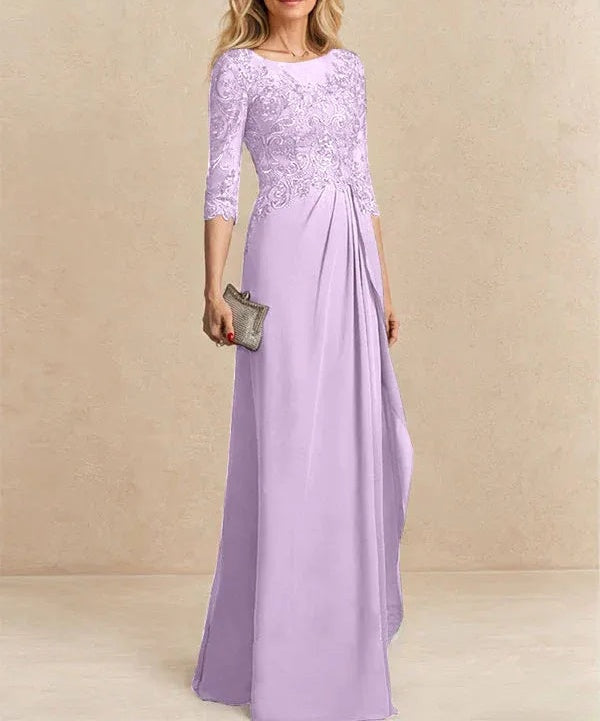 A-line Scoop Illusion Floor-Length Chiffon Lace Mother of the Bride Dress With Beading Sequins Cascading Ruffles
