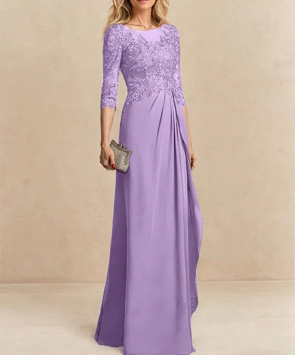 A-line Scoop Illusion Floor-Length Chiffon Lace Mother of the Bride Dress With Beading Sequins Cascading Ruffles
