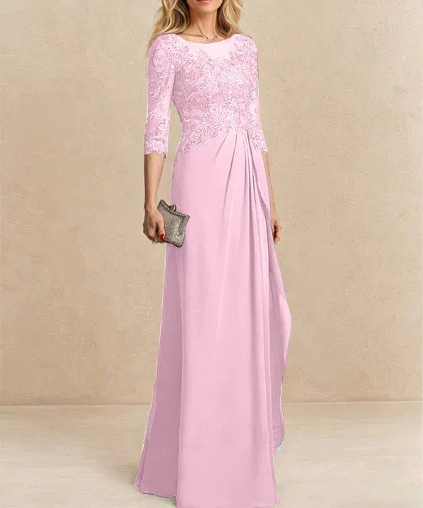 A-line Scoop Illusion Floor-Length Chiffon Lace Mother of the Bride Dress With Beading Sequins Cascading Ruffles