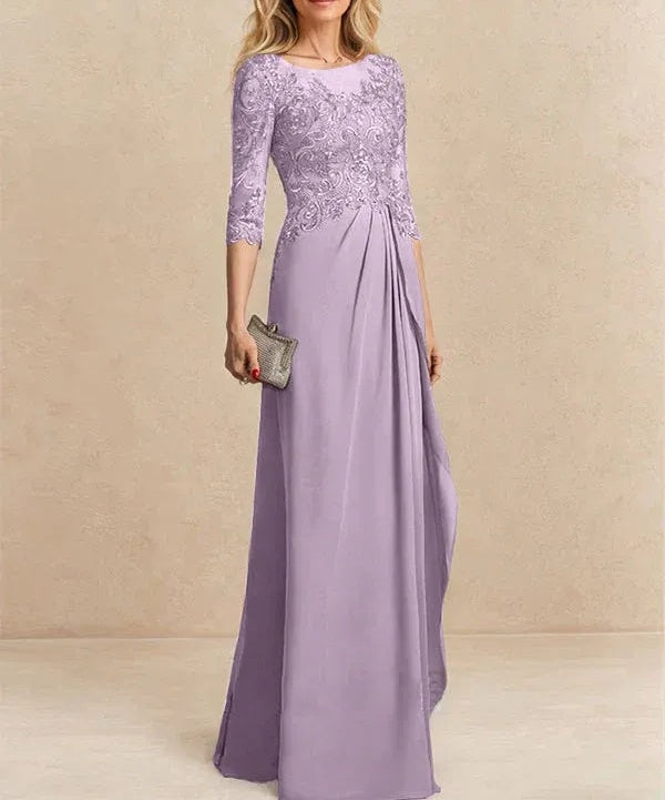 A-line Scoop Illusion Floor-Length Chiffon Lace Mother of the Bride Dress With Beading Sequins Cascading Ruffles