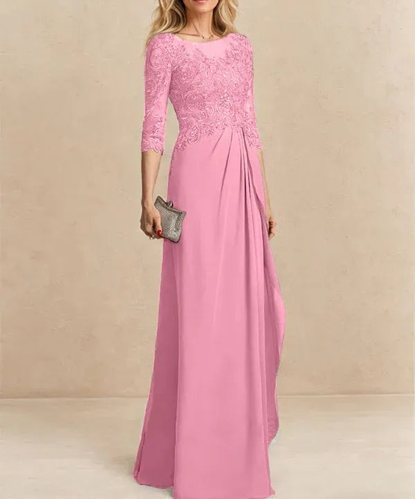 A-line Scoop Illusion Floor-Length Chiffon Lace Mother of the Bride Dress With Beading Sequins Cascading Ruffles