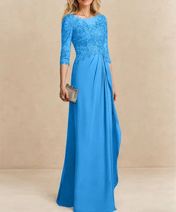 A-line Scoop Illusion Floor-Length Chiffon Lace Mother of the Bride Dress With Beading Sequins Cascading Ruffles