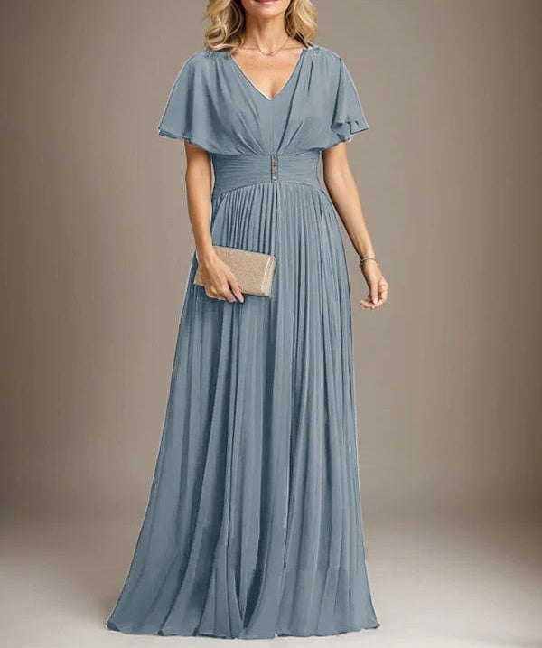 A-line V-Neck Floor-Length Chiffon Mother of the Bride Dress With Crystal Brooch Pleated