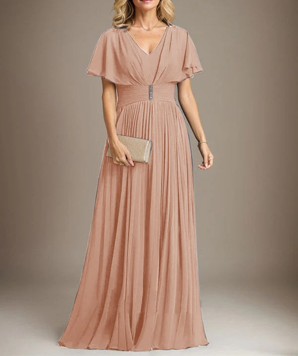 A-line V-Neck Floor-Length Chiffon Mother of the Bride Dress With Crystal Brooch Pleated