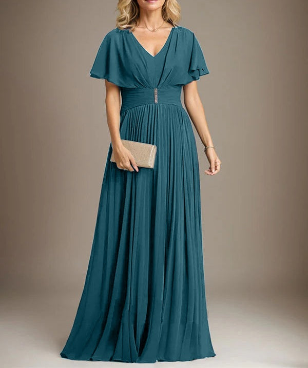A-line V-Neck Floor-Length Chiffon Mother of the Bride Dress With Crystal Brooch Pleated