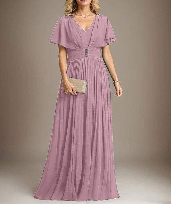 A-line V-Neck Floor-Length Chiffon Mother of the Bride Dress With Crystal Brooch Pleated