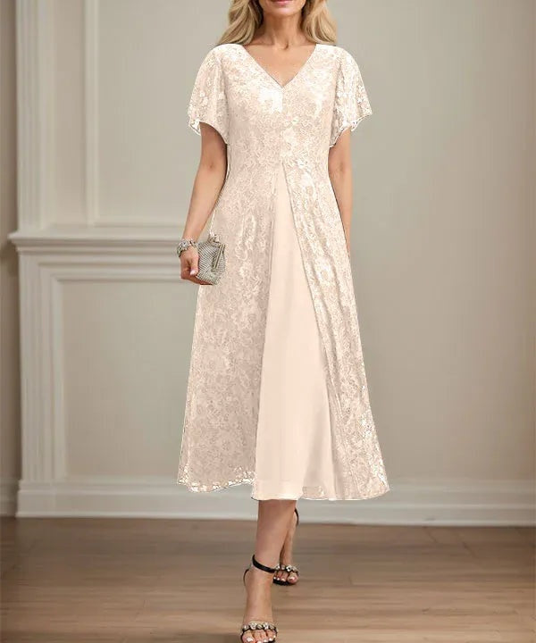 A-line V-Neck Tea-Length Lace Chiffon Mother of the Bride Dress