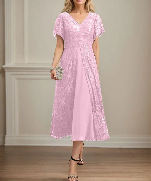 A-line V-Neck Tea-Length Lace Chiffon Mother of the Bride Dress