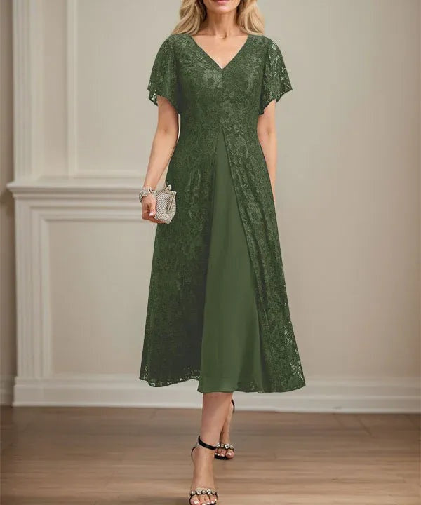 A-line V-Neck Tea-Length Lace Chiffon Mother of the Bride Dress