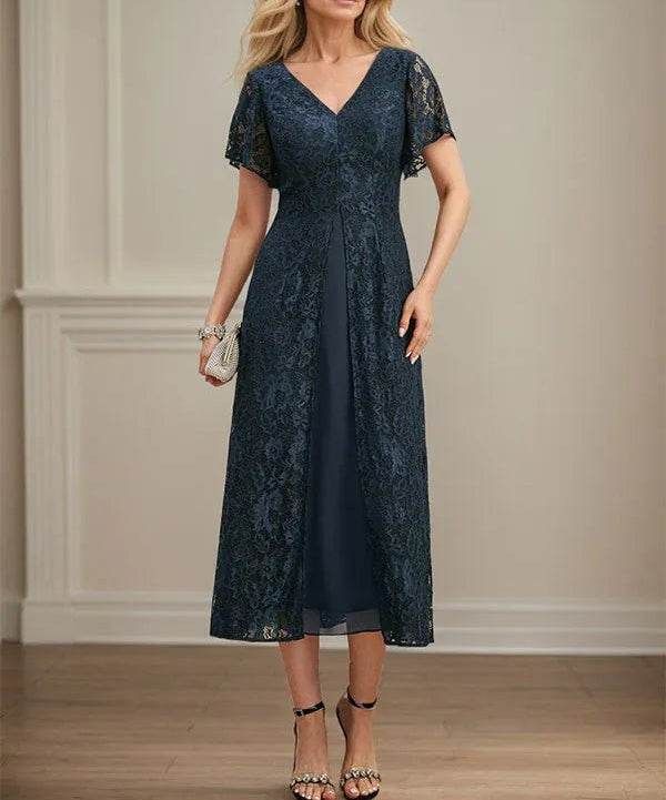 A-line V-Neck Tea-Length Lace Chiffon Mother of the Bride Dress