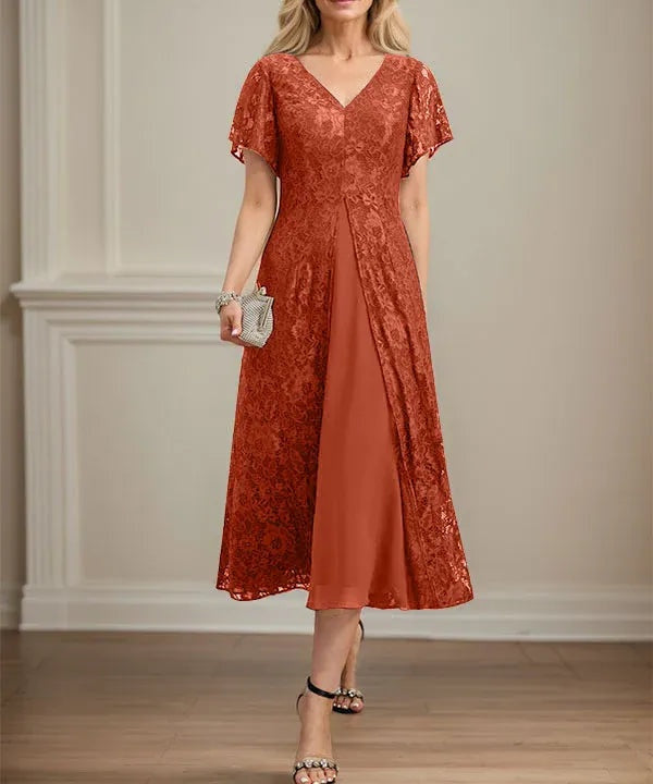 A-line V-Neck Tea-Length Lace Chiffon Mother of the Bride Dress