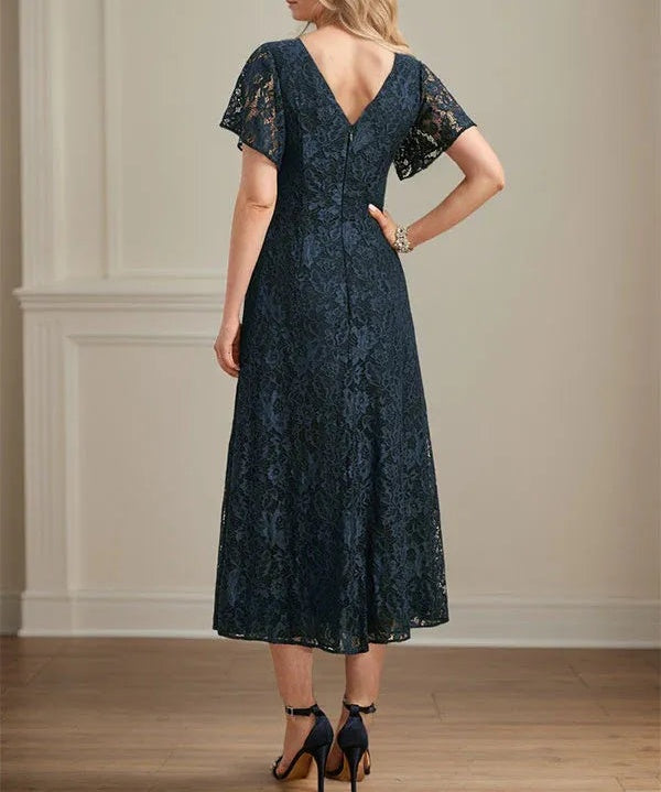A-line V-Neck Tea-Length Lace Chiffon Mother of the Bride Dress
