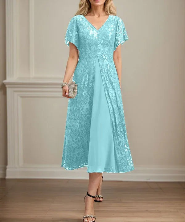 A-line V-Neck Tea-Length Lace Chiffon Mother of the Bride Dress