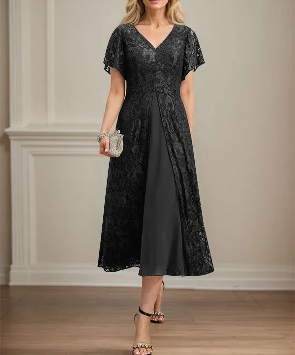 A-line V-Neck Tea-Length Lace Chiffon Mother of the Bride Dress