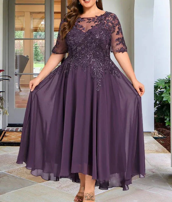A-line Scoop Illusion Asymmetrical Chiffon Lace Mother of the Bride Dress With Sequins