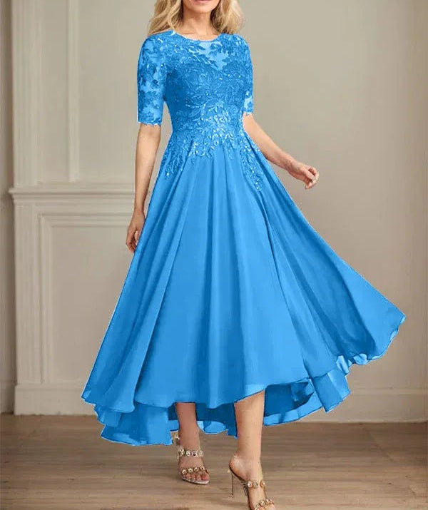 A-line Scoop Illusion Asymmetrical Chiffon Lace Mother of the Bride Dress With Sequins