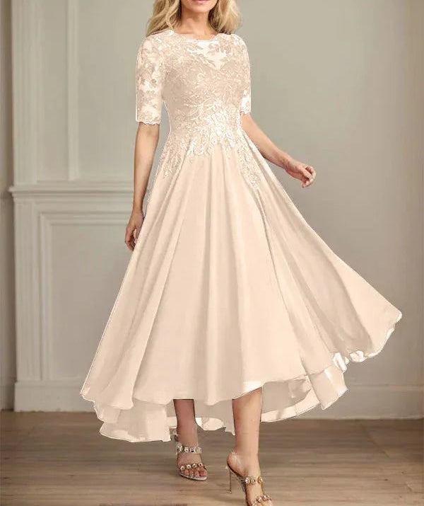 A-line Scoop Illusion Asymmetrical Chiffon Lace Mother of the Bride Dress With Sequins