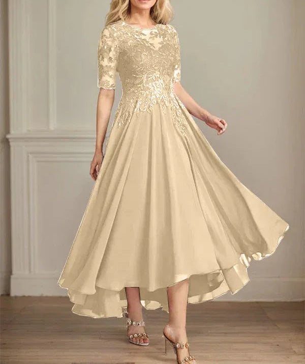 A-line Scoop Illusion Asymmetrical Chiffon Lace Mother of the Bride Dress With Sequins