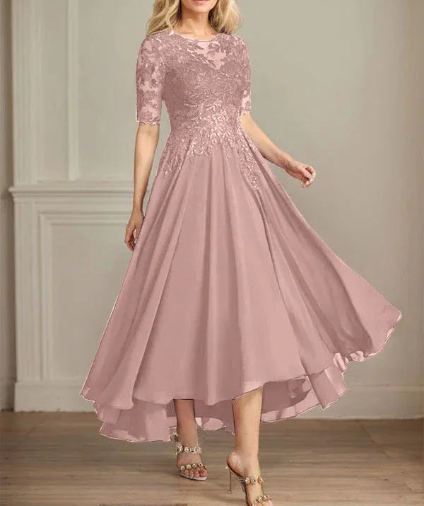 A-line Scoop Illusion Asymmetrical Chiffon Lace Mother of the Bride Dress With Sequins