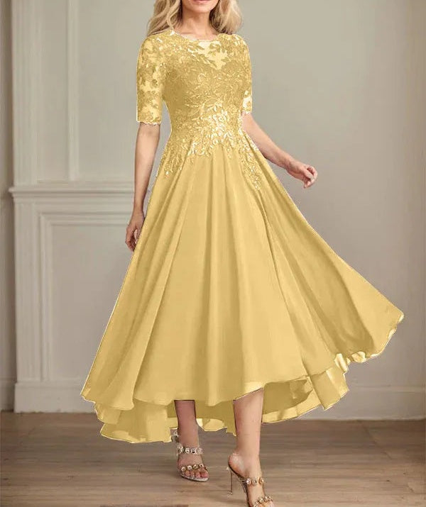 A-line Scoop Illusion Asymmetrical Chiffon Lace Mother of the Bride Dress With Sequins