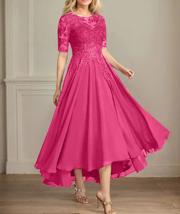 A-line Scoop Illusion Asymmetrical Chiffon Lace Mother of the Bride Dress With Sequins