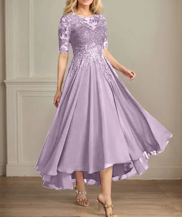 A-line Scoop Illusion Asymmetrical Chiffon Lace Mother of the Bride Dress With Sequins