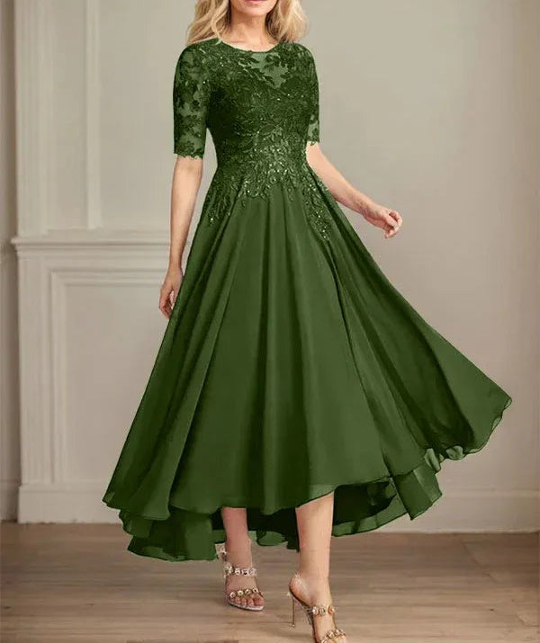 A-line Scoop Illusion Asymmetrical Chiffon Lace Mother of the Bride Dress With Sequins