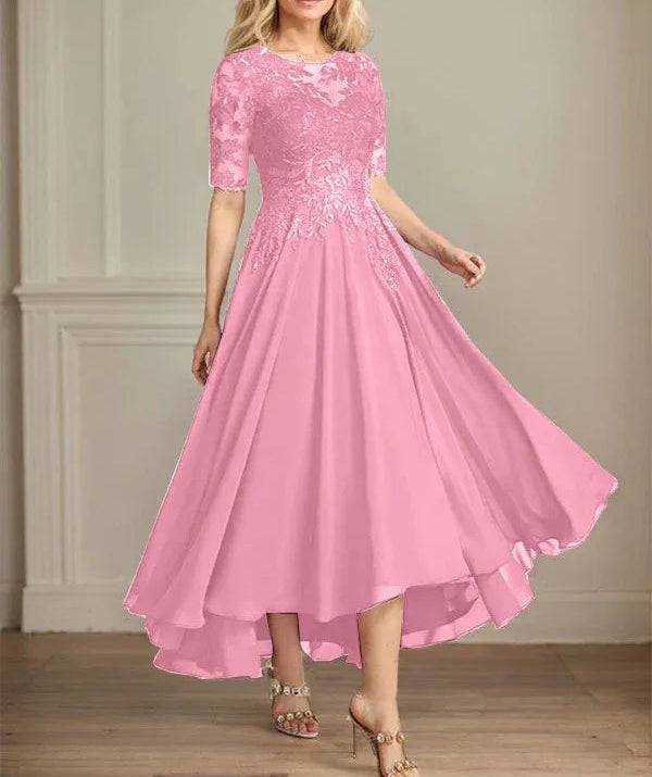 A-line Scoop Illusion Asymmetrical Chiffon Lace Mother of the Bride Dress With Sequins