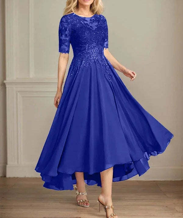 A-line Scoop Illusion Asymmetrical Chiffon Lace Mother of the Bride Dress With Sequins