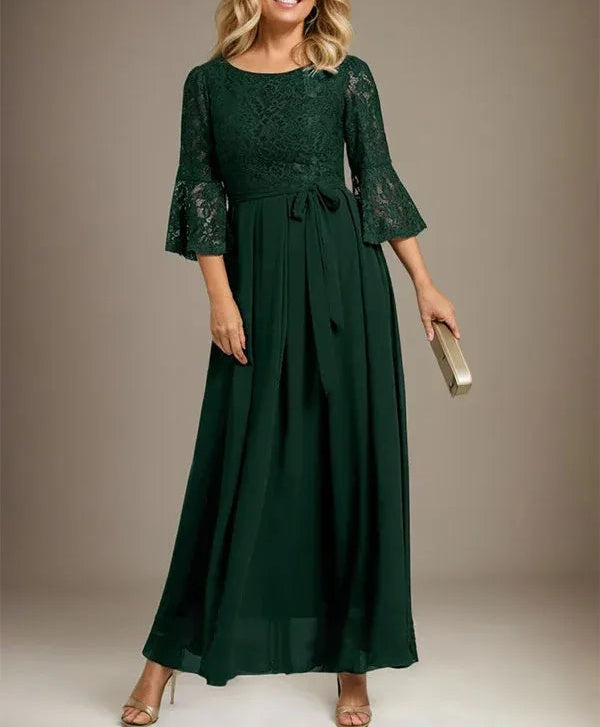 A-line Scoop Ankle-Length Lace Chiffon Mother of the Bride Dress With Bow