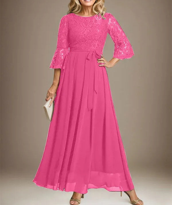 A-line Scoop Ankle-Length Lace Chiffon Mother of the Bride Dress With Bow