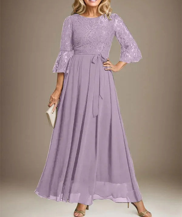 A-line Scoop Ankle-Length Lace Chiffon Mother of the Bride Dress With Bow