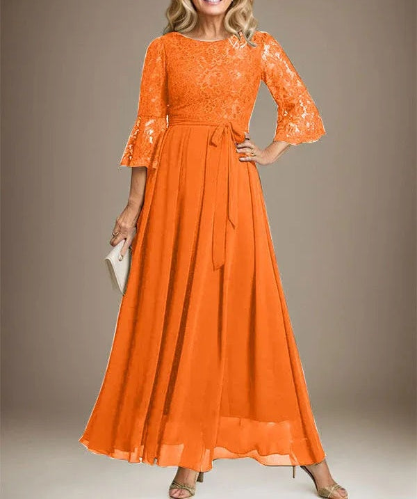 A-line Scoop Ankle-Length Lace Chiffon Mother of the Bride Dress With Bow