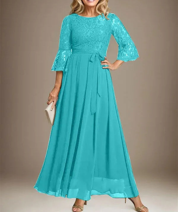 A-line Scoop Ankle-Length Lace Chiffon Mother of the Bride Dress With Bow