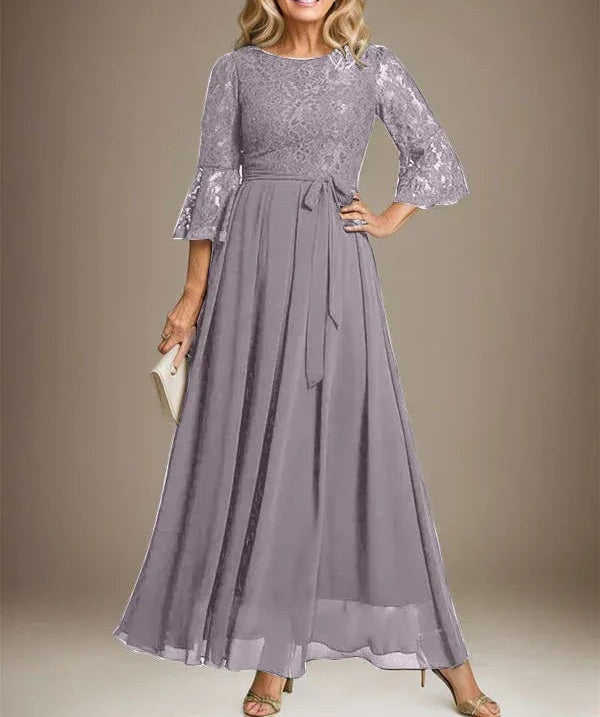 A-line Scoop Ankle-Length Lace Chiffon Mother of the Bride Dress With Bow