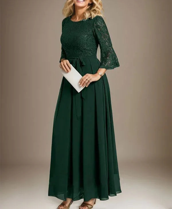 A-line Scoop Ankle-Length Lace Chiffon Mother of the Bride Dress With Bow