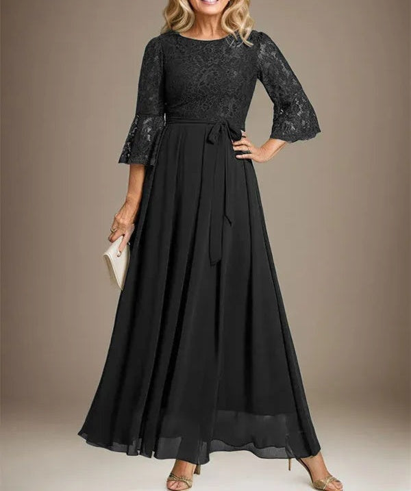A-line Scoop Ankle-Length Lace Chiffon Mother of the Bride Dress With Bow